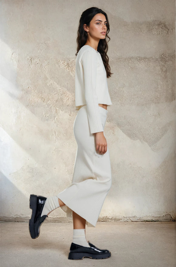 Rib Knit Ivory Co-Ord Set - Skirt, Cami & Cardigan