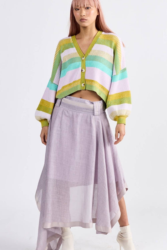 dref_by_d Gelato Coloured with aqua, yellow and light pink striped Rainbow Cardigan with large buttons available at Style Society Marketplace.  This cardigan sits just above the hips.  Ladies fashion.  Perfect for brightening a cooler day.  Thick cotton and ballooned sleeves.