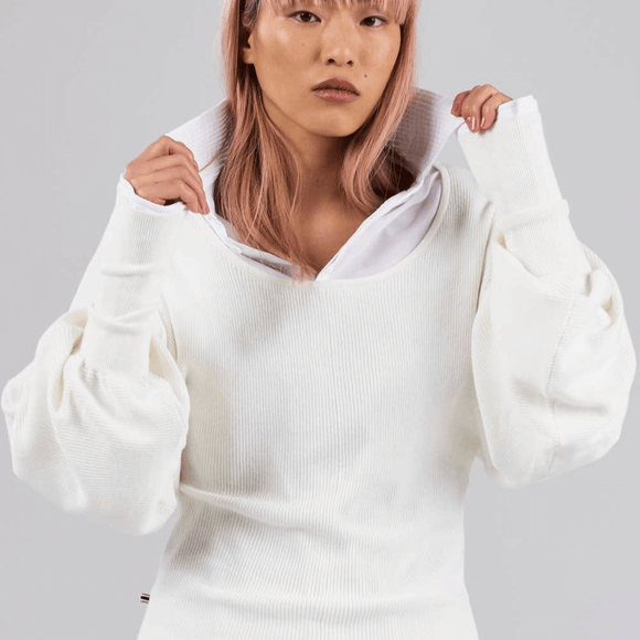 dref_by_d Cashmere Cotton Blend ethical Sweater In Ivory with parachute arms at Style Society Marketplace 