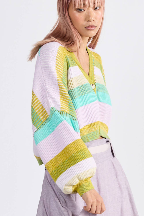 dref_by_d Gelato Coloured with aua, yellow and light pink striped Rainbow Cardigan with large buttons available at Style Society Marketplace.  