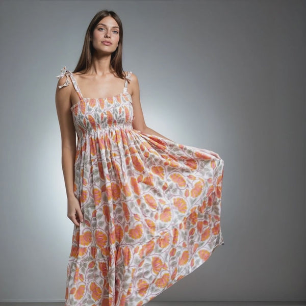 Long Orange Floral Shoe Strap Summer Ladies Dress